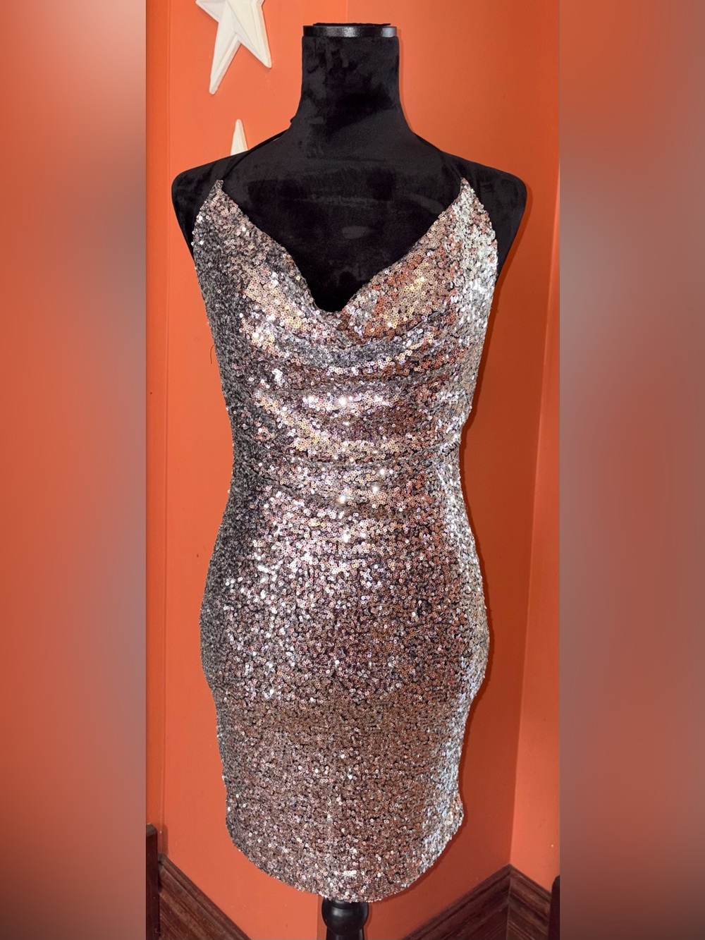 AKIRA Chicago Red Label Sequin Cowl Neck Sheath Dress